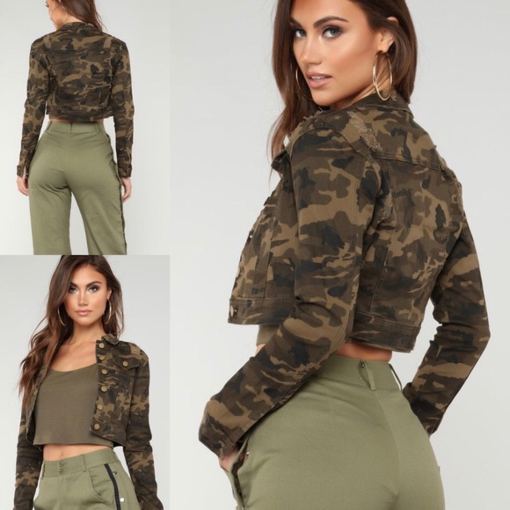 Camo Cropped Distressed Denim Jacket